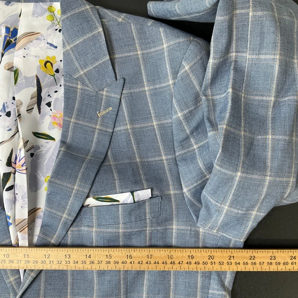 Alan Flusser Sport Coat Mens 40R Blue Linen Blend Windowpane Plaid Floral Blazer